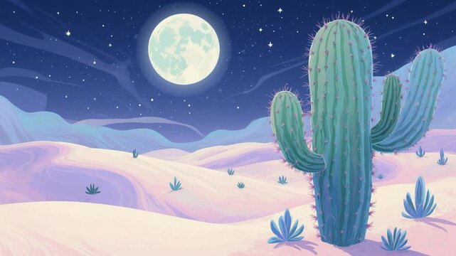 Desert landscape with cactus under full moon night