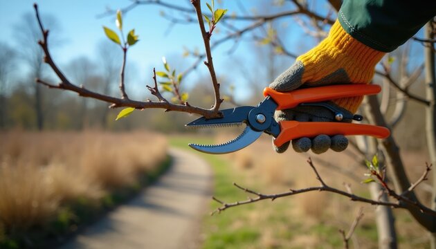 Gardener trims tree branch with orange secateurs in spring outdoor park. Close-up on gloved hand cutting excess growth shaping plant for healthy bloom. Sunny day.
