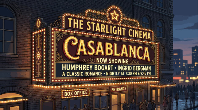 A nostalgic illuminated marquee glows brightly outside a historic downtown movie theater, inviting patrons to a classic romance film screening under the vibrant city lights