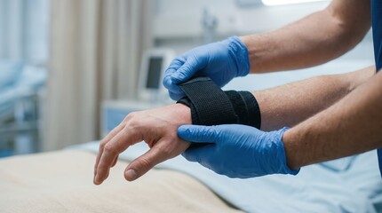 Obraz premium Healthcare specialist securing black wrist support brace on patient arm during orthopedic rehabilitation treatment session