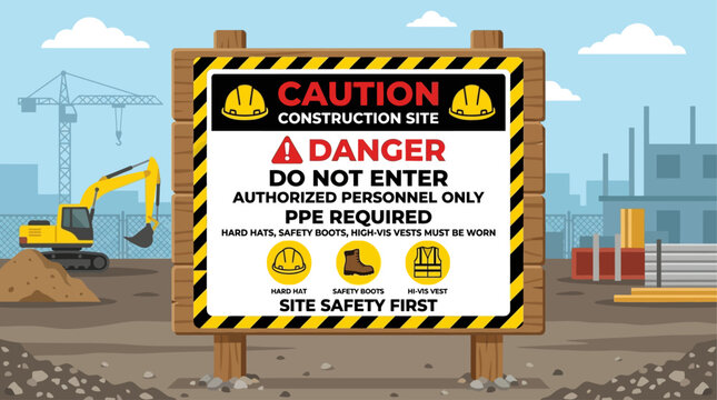 Essential Construction Site Safety Signage Featuring Mandatory PPE Requirements and Restricted Access for Unauthorized Personnel