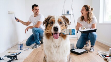 Fototapeta na wymiar Happy couple renovating home with cute australian shepherd dog holding brush