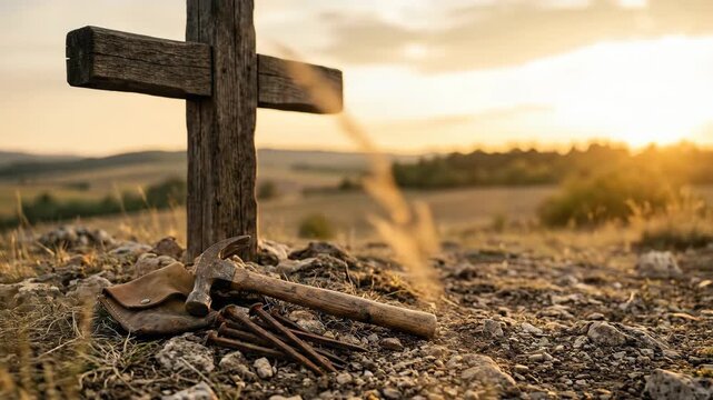 Wooden cross on a hill at sunset with a hammer and nails. Jesus Christ crucifixion theme symbol. Religious scenery reflecting faith and sacrifice in holy state.