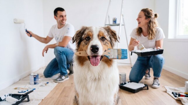 Happy couple renovating home with cute australian shepherd dog holding brush