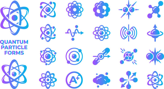 Quantum particle forms icons with gradient colors atom structure molecule and physics abstract.