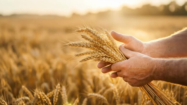 Man holding wheat stalks at sunset in agricultural field. Farmer harvesting golden grain crop. Biblical reference to bread of life in farming environment concept.