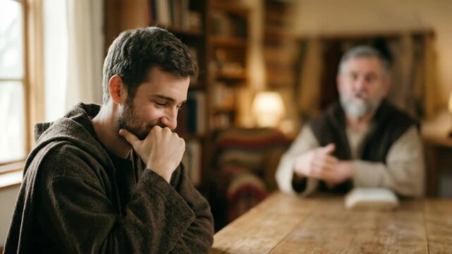Young man listening to elder mentor in monastery library. Monk teaching follower while sitting at wooden table. Religious study and spiritual guidance for believer.