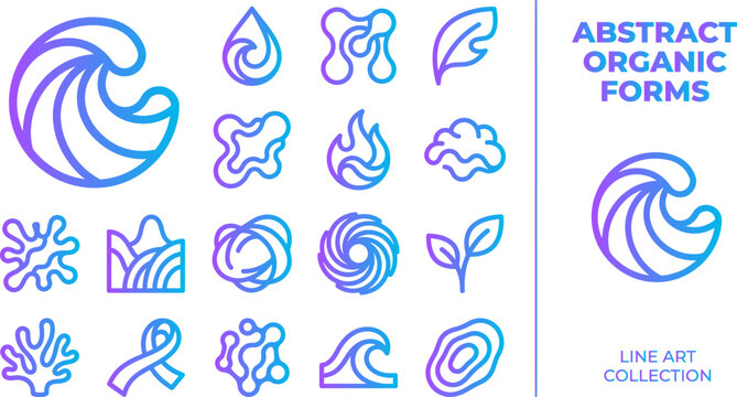 Abstract organic forms collection linear icons set water leaf fire cloud natural elements.