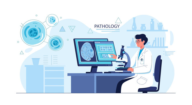 Pathologist analyzing medical images and cells under microscope in laboratory