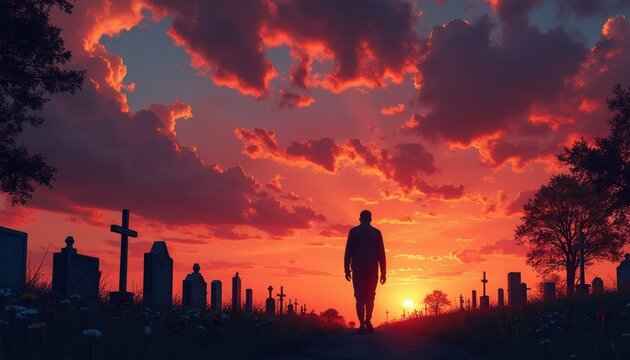 Man walks through cemetery at sunset. Silhouette against dramatic sky with orange clouds. Gravestones and crosses mark graves in somber scene of loss and reflection.