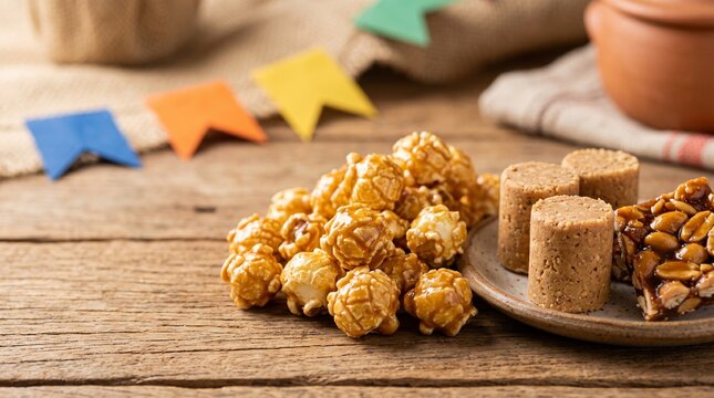 Detalhe macro de pipoca caramelizada t&iacute;pica de festa junina brasileira em composi&ccedil;&atilde;o gastron&ocirc;mica elegante e acolhedora