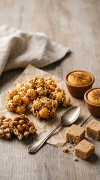 Detalhe macro de pipoca caramelizada t&iacute;pica de festa junina brasileira em composi&ccedil;&atilde;o gastron&ocirc;mica elegante e acolhedora