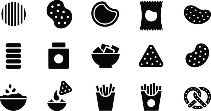 Salty Snack Food Solid Vector Icon Set with Potato Chips Nachos French Fries Pretzel Bag and Dip Bowls for Menu and Packaging Design