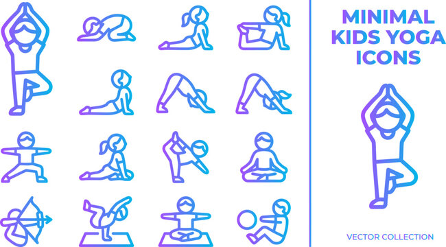 Minimal kids yoga icons set children poses tree warrior downward dog warrior poses balance.