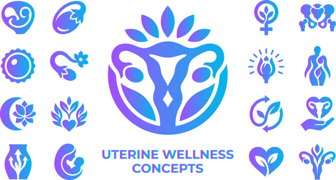 Uterine wellness concepts abstract logo icons set with gradient blue purple feminine symbols.