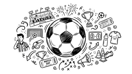 Fototapeta premium Black and white soccer ball surrounded by hand drawn doodles of soccer elements like goals trophy jerseys and players celebrating the passion for football in a playful energetic illustration style