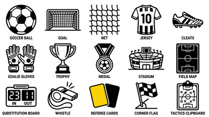 Soccer equipment and accessories football field goal net jersey cleats gloves trophy medal stadium tactics board referee cards substitution board whistle corner flag © craftsby.ib