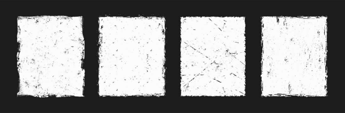 Grunge texture vector set with distressed black rectangles and rough edges. Vintage ink textures perfect for posters, overlays, t-shirt prints, and retro graphic designs.