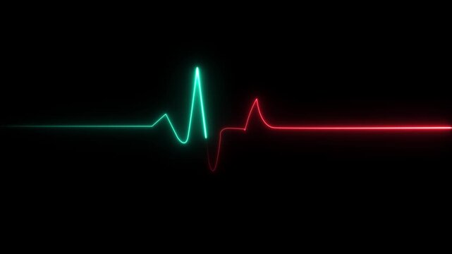 Neon heartbeat ekg monitor pulse line, pulsing medical heart rate rhythm animation on black background