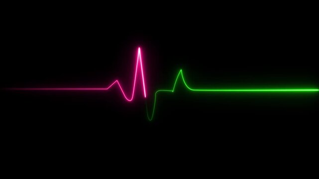 Neon heartbeat ekg pulse line animation: glowing pink and green medical rhythm monitor on black background
