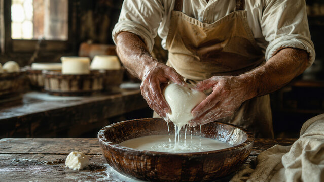 Mani di casaro che lavorano formaggio fresco in laboratorio rustico. Generative AI 