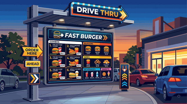 Modern vector illustration depicting a lively drive-thru fast food restaurant scene at dusk, with cars lined up for quick service and a vibrant menu board offering delicious meals for easy takeout