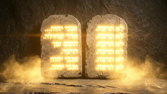 Stone tablets with glowing Hebrew scripture. Ten commandments in mount Sinai setting. Biblical relic with divine light for religious study and spiritual growth.