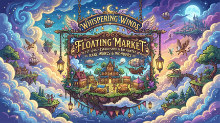 Obraz premium Enchanting Aerial Marketplace A Whimsical Fantasy World of Floating Islands, Starry Clouds, and Magical Airships in a Dreamlike Sky Bazaar Scene