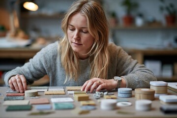Fototapeta premium Circular design strategist organizing biodegradable material samples and reusable packaging