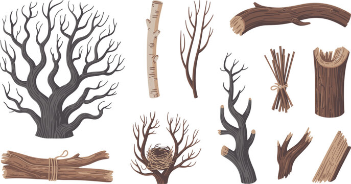 Vector illustration set of bare dry trees, dead wood logs, branches, firewood bundles, twigs, and a bird nest for autumn, winter, or forest nature design concepts.