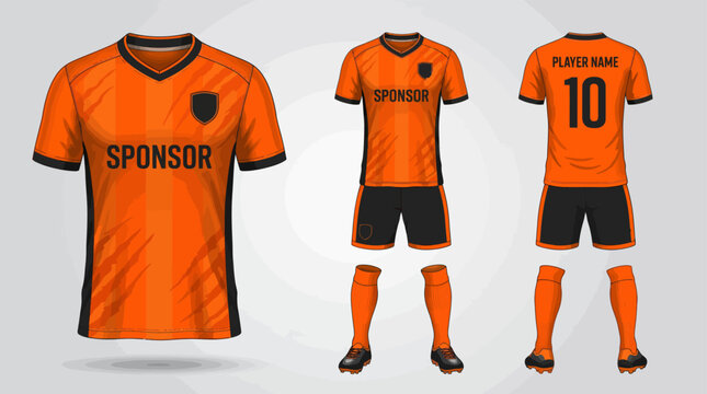 Orange soccer uniform set with black accents and sponsor logo complete with jersey shorts socks and cleats for team sports