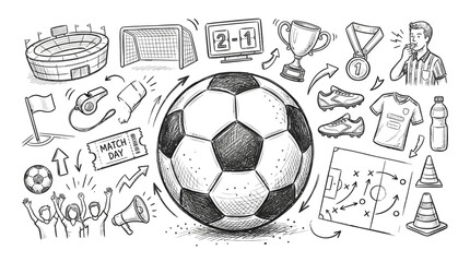 Hand drawn soccer icons set featuring a large central ball surrounded by stadium equipment trophies whistles tactical boards and enthusiastic fans in a detailed sketch illustration style for sports © craftsby.ib