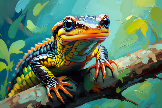 Illustrated drawing of a brightly coloured salamander.