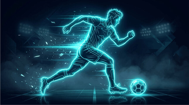 Neon soccer player dribbling ball in dynamic motion graphic illustration featuring glowing blue light lines on dark background representing energy athletic speed competition and digital sports concept