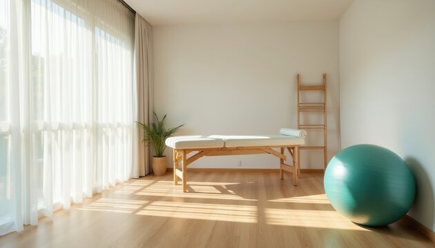 Bright modern physio room with massage table therapy ball ladder. Natural light streams through window. Clean space for healing body strengthening and recovery.