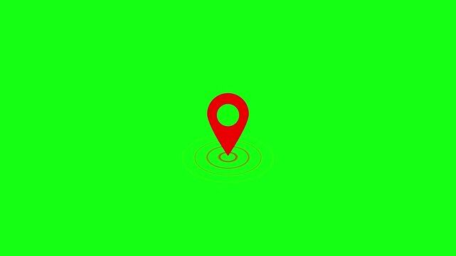 Red map location pin animation with pulsing radar effect on green screen for navigation and tracking projects