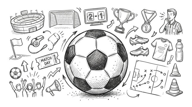 Hand drawn soccer icons set featuring a large central ball surrounded by stadium equipment trophies whistles tactical boards and enthusiastic fans in a detailed sketch illustration style for sports