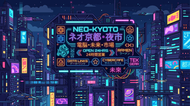 Neon-lit futuristic cityscape with kanji text and illuminated signs evoking a cyberpunk aesthetic