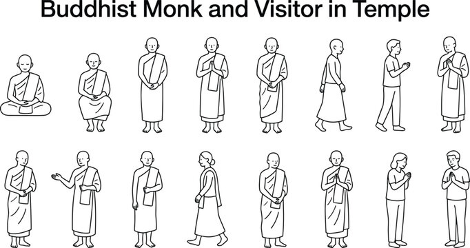 Buddhist monks and visitors in temple, various poses, line art illustration