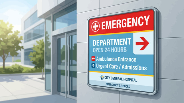 Emergency Department Signage at City Hospital, Indicating Ambulance Entrance and Urgent Care Admissions