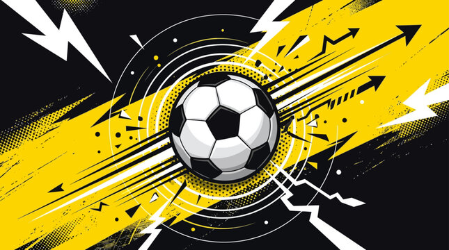 Soccer ball speeding through dynamic yellow and black motion lines and lightning bolts conveying energy and speed in a graphic design