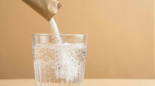 A small paper packet pouring soluble powder into a clear glass filled with sparkling water against a neutral beige background representing health supplements or hydration electrolyte mix.