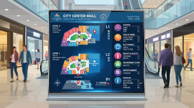 Interactive digital directory map guiding visitors through a modern shopping mall with store listings and floor plans