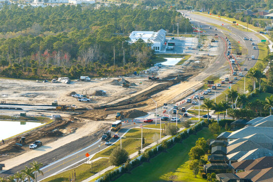 Industrial roadworks. Wide American highway under construction. Development of transportation system for rapid transit