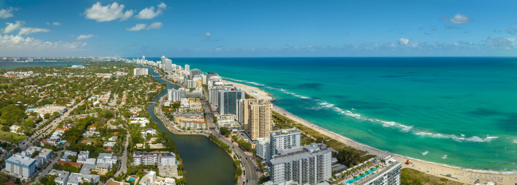 View from above of american southern seashore of Miami Beach city. South Beach high luxurious hotels and apartment buildings. Tourist infrastructure in southern Florida, USA