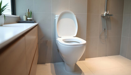 Fototapeta premium Clean modern white toilet with open lid in bright bathroom. Includes vanity sink, shower head, tiled walls and floor. Minimalist home interior design.