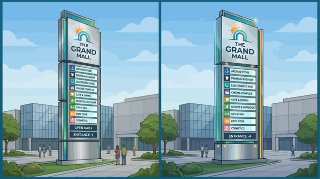 Shopping mall directory sign showcasing various retail stores and services available at the commercial center