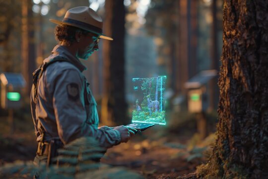 Forest ranger using holographic habitat map near solar - powered monitoring stations