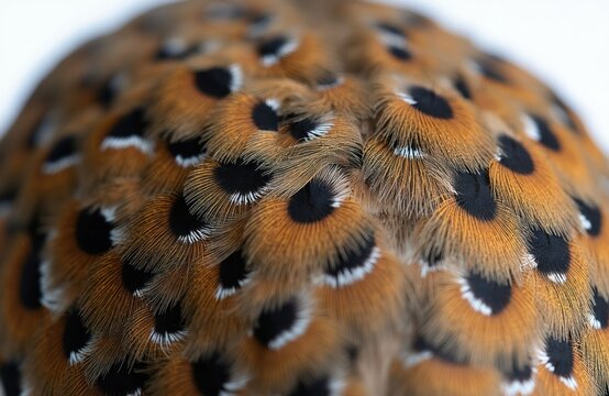 Close view of barred buttonquail feathers. Bird plumage shows brown orange pattern with black spots and white edges. Tiny feather barbs create soft texture.