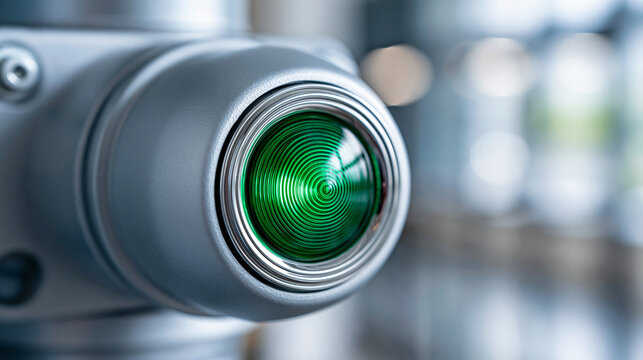 Close-up of a fire alarm system with normal status indicator light in green, system normal status concept, status indicator photography, building safety monitoring display,